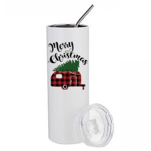 Merry Christmas Buffalo Plaid Camper Christmas Tree Gift Stainless Steel Tumbler