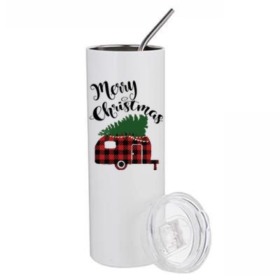 Merry Christmas Buffalo Plaid Camper Christmas Tree Gift Stainless Steel Tumbler