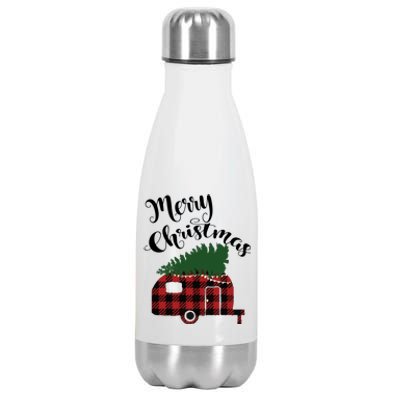 Merry Christmas Buffalo Plaid Camper Christmas Tree Gift Stainless Steel Insulated Water Bottle