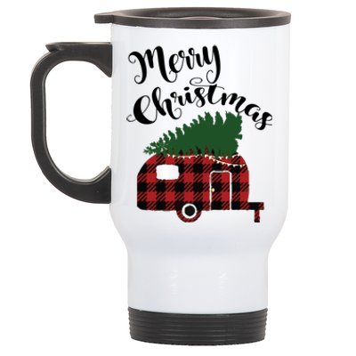 Merry Christmas Buffalo Plaid Camper Christmas Tree Gift Stainless Steel Travel Mug