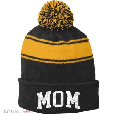 Mom Classic Bold Font Mommy Birthday Gift Stripe Pom Pom Beanie
