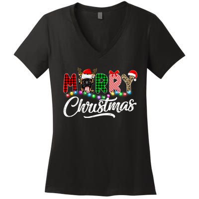 Merry Christmas Buffalo Plaid Boxer Dog Lover Xmas Women's V-Neck T-Shirt