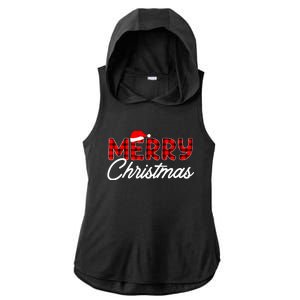 Merry Christmas Buffalo Plaid Red Santa Hat Xmas Pajamas Ladies PosiCharge Tri-Blend Wicking Draft Hoodie Tank