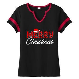 Merry Christmas Buffalo Plaid Red Santa Hat Xmas Pajamas Ladies Halftime Notch Neck Tee