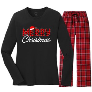 Merry Christmas Buffalo Plaid Red Santa Hat Xmas Pajamas Women's Long Sleeve Flannel Pajama Set 