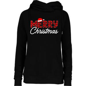 Merry Christmas Buffalo Plaid Red Santa Hat Xmas Pajamas Womens Funnel Neck Pullover Hood