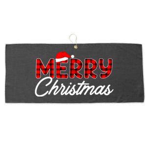 Merry Christmas Buffalo Plaid Red Santa Hat Xmas Pajamas Large Microfiber Waffle Golf Towel