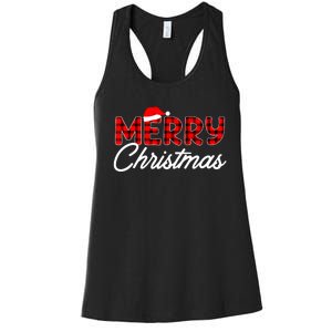 Merry Christmas Buffalo Plaid Red Santa Hat Xmas Pajamas Women's Racerback Tank