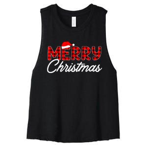 Merry Christmas Buffalo Plaid Red Santa Hat Xmas Pajamas Women's Racerback Cropped Tank