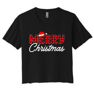 Merry Christmas Buffalo Plaid Red Santa Hat Xmas Pajamas Women's Crop Top Tee