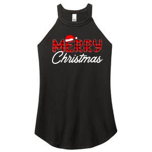 Merry Christmas Buffalo Plaid Red Santa Hat Xmas Pajamas Women's Perfect Tri Rocker Tank