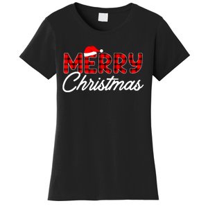 Merry Christmas Buffalo Plaid Red Santa Hat Xmas Pajamas Women's T-Shirt