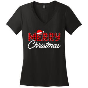 Merry Christmas Buffalo Plaid Red Santa Hat Xmas Pajamas Women's V-Neck T-Shirt