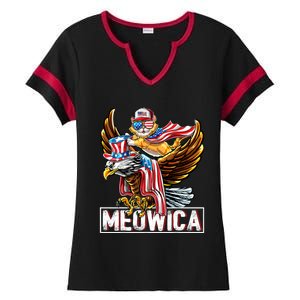 Meowica Cat Bald Eagle 4th Of July Patriotic American Flag Gift Ladies Halftime Notch Neck Tee