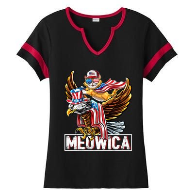 Meowica Cat Bald Eagle 4th Of July Patriotic American Flag Gift Ladies Halftime Notch Neck Tee