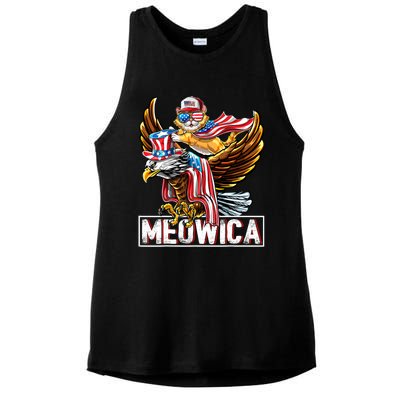 Meowica Cat Bald Eagle 4th Of July Patriotic American Flag Gift Ladies PosiCharge Tri-Blend Wicking Tank