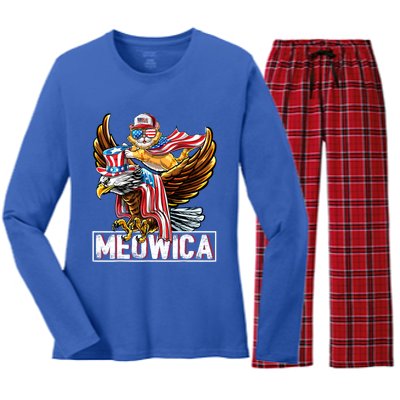 Meowica Cat Bald Eagle 4th Of July Patriotic American Flag Gift Women's Long Sleeve Flannel Pajama Set 