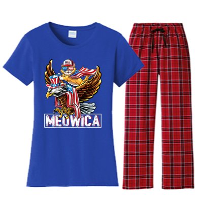 Meowica Cat Bald Eagle 4th Of July Patriotic American Flag Gift Women's Flannel Pajama Set