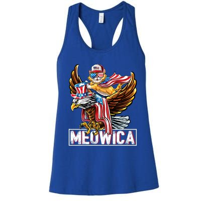 Meowica Cat Bald Eagle 4th Of July Patriotic American Flag Gift Women's Racerback Tank