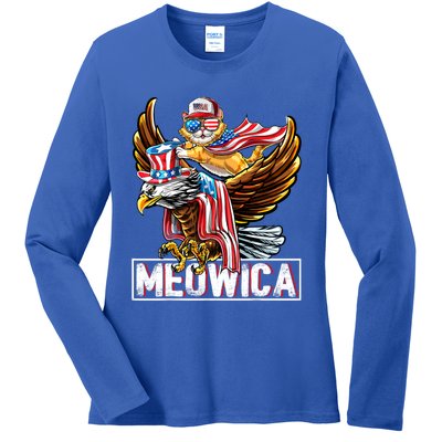 Meowica Cat Bald Eagle 4th Of July Patriotic American Flag Gift Ladies Long Sleeve Shirt