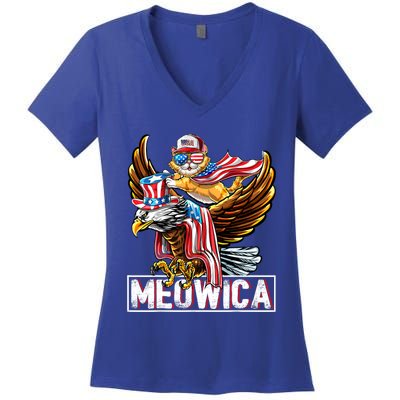 Meowica Cat Bald Eagle 4th Of July Patriotic American Flag Gift Women's V-Neck T-Shirt