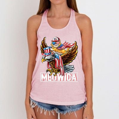 Meowica Cat Bald Eagle 4th Of July Patriotic American Flag Gift Women's Knotted Racerback Tank