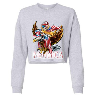 Meowica Cat Bald Eagle 4th Of July Patriotic American Flag Gift Cropped Pullover Crew