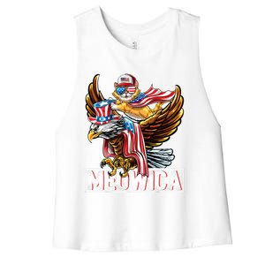 Meowica Cat Bald Eagle 4th Of July Patriotic American Flag Gift Women's Racerback Cropped Tank