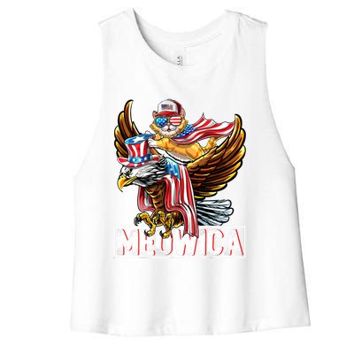 Meowica Cat Bald Eagle 4th Of July Patriotic American Flag Gift Women's Racerback Cropped Tank