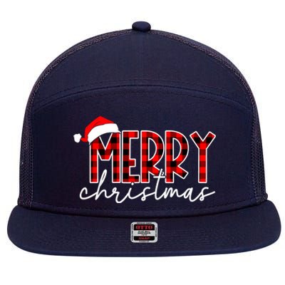 Merry Christmas Buffalo Red Plaid Santa Hat Xmas Pajamas 7 Panel Mesh Trucker Snapback Hat