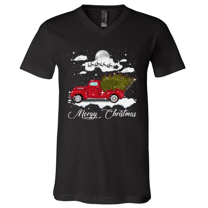 Merry Christmas Buffalo Truck Tree Red Plaid Leopard Women V-Neck T-Shirt