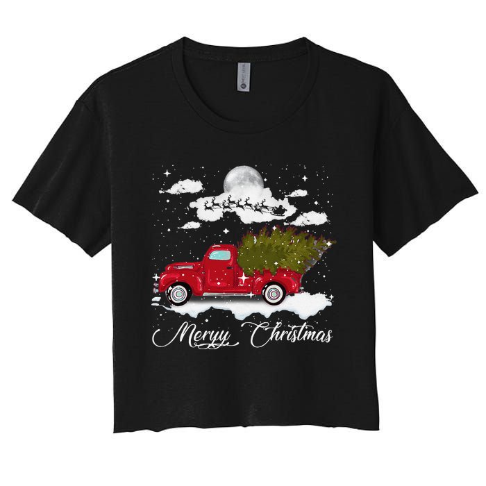 Merry Christmas Buffalo Truck Tree Red Plaid Leopard Women Women's Crop Top Tee