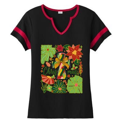 Merry Christmas Boho Flowers Cross Christian Women Girl Ladies Halftime Notch Neck Tee