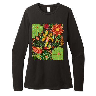 Merry Christmas Boho Flowers Cross Christian Women Girl Womens CVC Long Sleeve Shirt