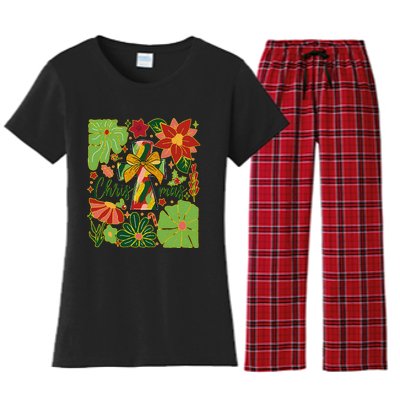 Merry Christmas Boho Flowers Cross Christian Women Girl Women's Flannel Pajama Set