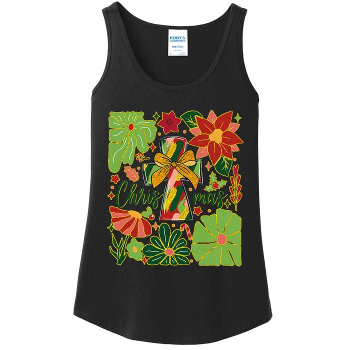 Merry Christmas Boho Flowers Cross Christian Women Girl Ladies Essential Tank