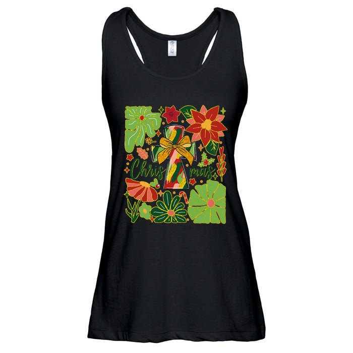 Merry Christmas Boho Flowers Cross Christian Women Girl Ladies Essential Flowy Tank