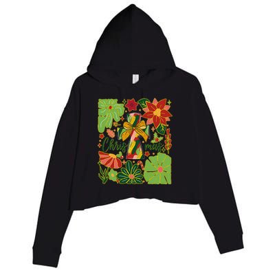 Merry Christmas Boho Flowers Cross Christian Women Girl Crop Fleece Hoodie