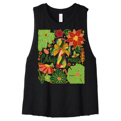 Merry Christmas Boho Flowers Cross Christian Women Girl Women's Racerback Cropped Tank