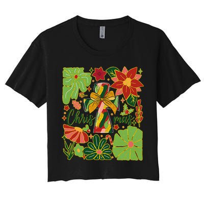 Merry Christmas Boho Flowers Cross Christian Women Girl Women's Crop Top Tee