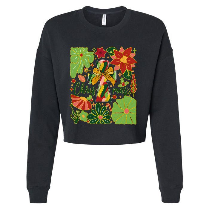 Merry Christmas Boho Flowers Cross Christian Women Girl Cropped Pullover Crew