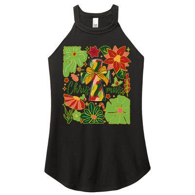 Merry Christmas Boho Flowers Cross Christian Women Girl Women's Perfect Tri Rocker Tank