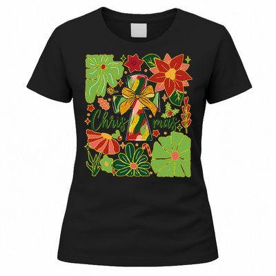 Merry Christmas Boho Flowers Cross Christian Women Girl Women's T-Shirt