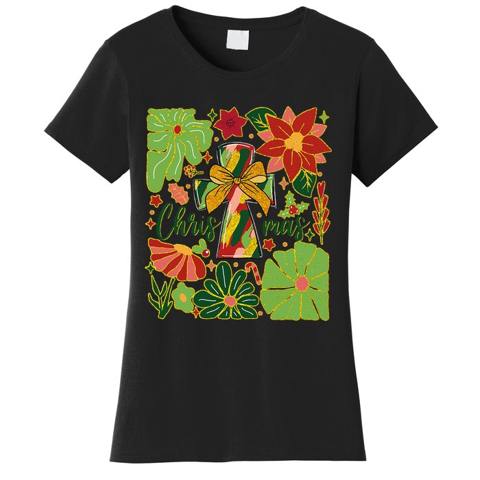 Merry Christmas Boho Flowers Cross Christian Women Girl Women's T-Shirt