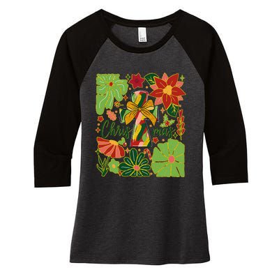 Merry Christmas Boho Flowers Cross Christian Women Girl Women's Tri-Blend 3/4-Sleeve Raglan Shirt