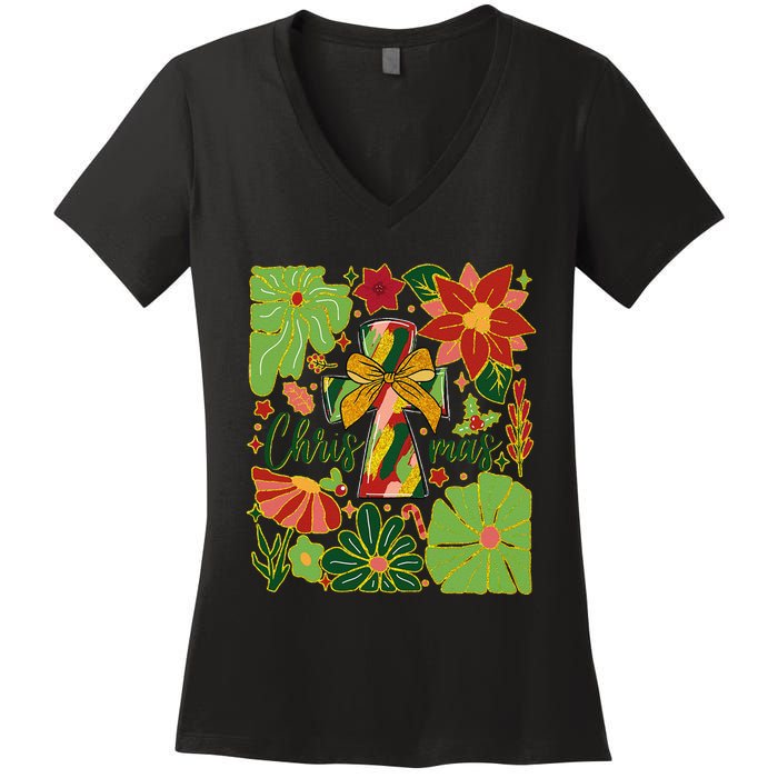 Merry Christmas Boho Flowers Cross Christian Women Girl Women's V-Neck T-Shirt