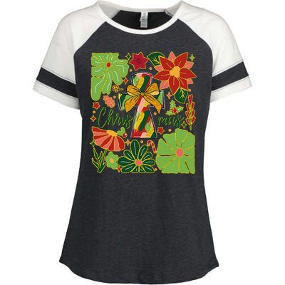 Merry Christmas Boho Flowers Cross Christian Women Girl Enza Ladies Jersey Colorblock Tee