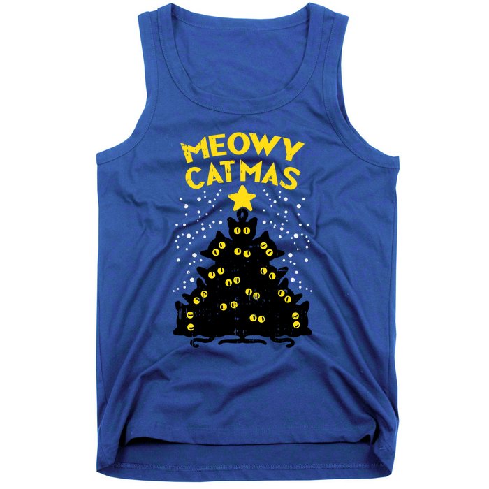 Meowy Catmas Black Cats Tree Funny Cat Owner Christmas Gift Tank Top