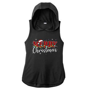 Merry Christmas Buffalo Plaid Red Santa Family Xmas Pajamas Ladies PosiCharge Tri-Blend Wicking Draft Hoodie Tank