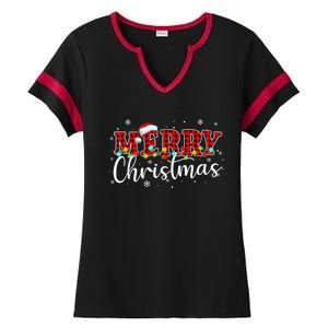 Merry Christmas Buffalo Plaid Red Santa Family Xmas Pajamas Ladies Halftime Notch Neck Tee